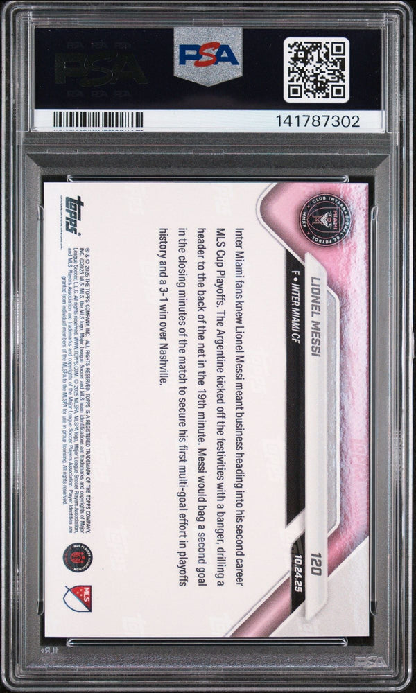 Graded 2025 Topps Now MLS Lionel Messi #120 1st MLS Cup Playoffs Brace Soccer Card PSA 10 Gem Mint