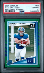 Graded 2025 Panini Donruss Cam Skattebo #302 Press Proof Green Rookie RC Football Card PSA 10 Gem Mint