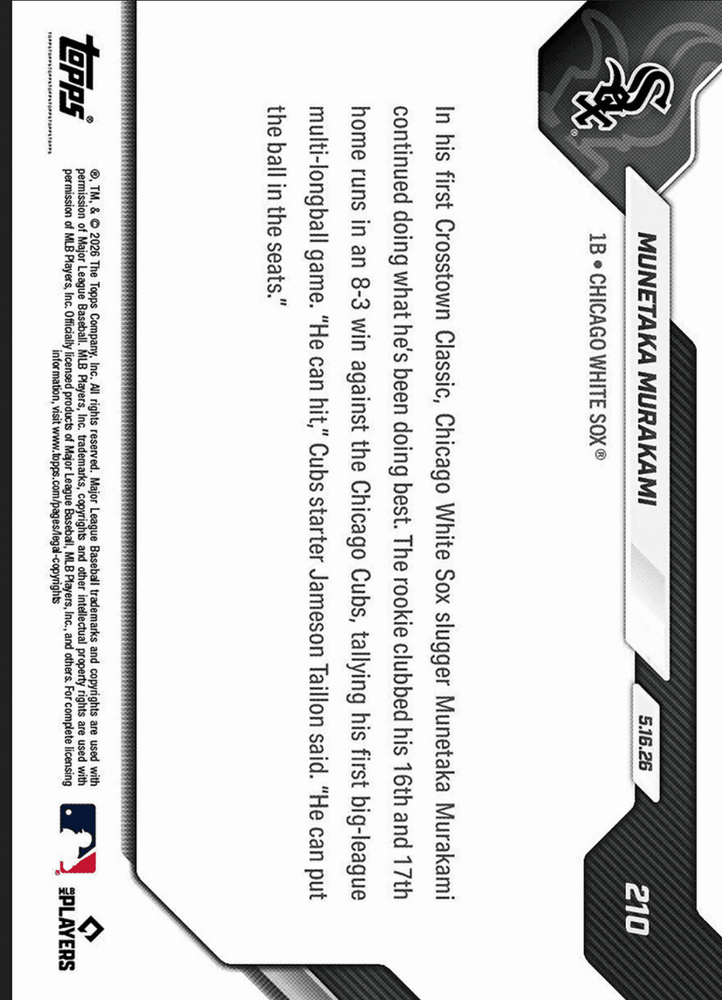 2026 Topps Now Munetaka Murakami #210 Foilfractor 1/1 1st Multi Home Run Game Comes in Rivalry Victory Chicago White Sox Rookie RC Baseball Card