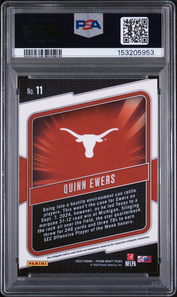 Graded 2025 Panini Prizm Draft Picks Quinn Ewers #11 Hype Rookie RC Football Card PSA 10 Gem Mint
