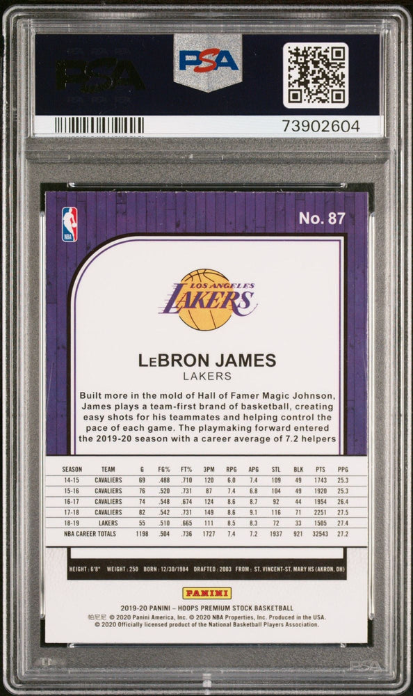 Graded 2019 Panini NBA Hoops Premium Stock LeBron James #87 Basketball Card PSA 10 Gem Mint