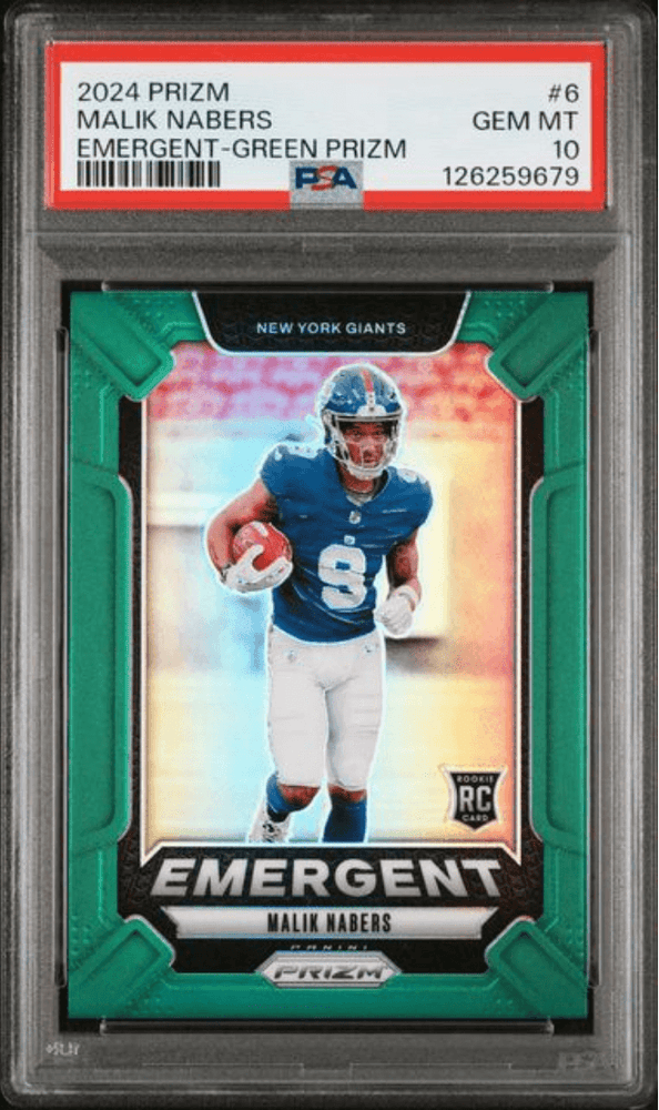 Graded 2024 Panini Prizm Malik Nabers #6 Emergent Green Prizm Rookie RC Football Card PSA 10 Gem Mint