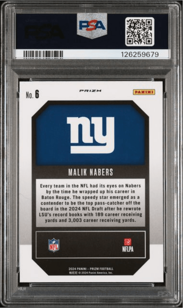 Graded 2024 Panini Prizm Malik Nabers #6 Emergent Green Prizm Rookie RC Football Card PSA 10 Gem Mint