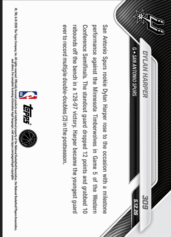 2025 Topps Now Dylan Harper #309 Black Foil /10 Youngest Guard Ever with Multiple Playoff Double Doubles San Antonio Spurs Rookie RC Basketball Card
