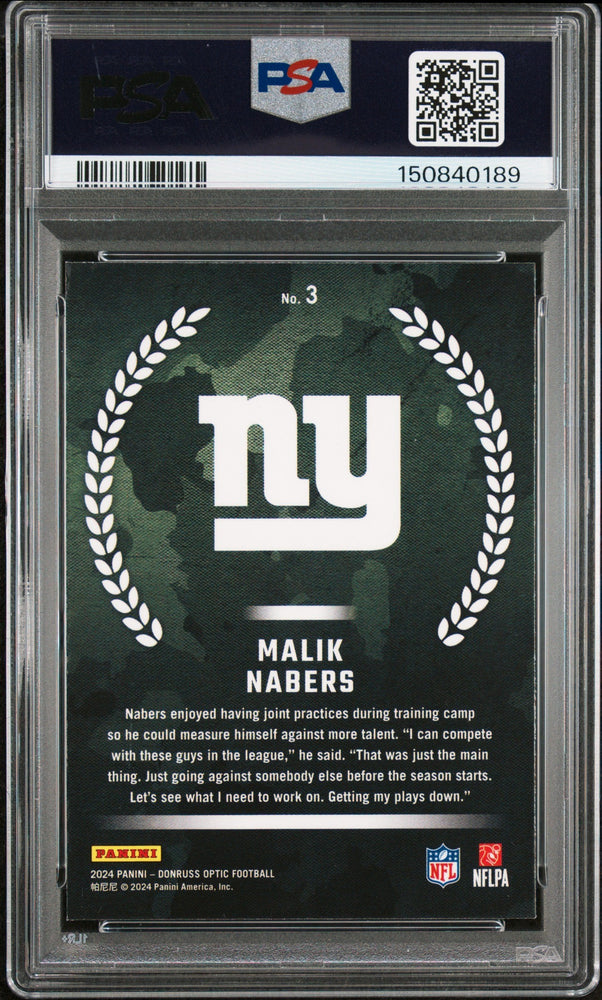 Graded 2024 Donruss Optic Malik Nabers #3 Rookie Recruits Rookie RC Football Card PSA 9 Mint (ONLINE ORDER ONLY)