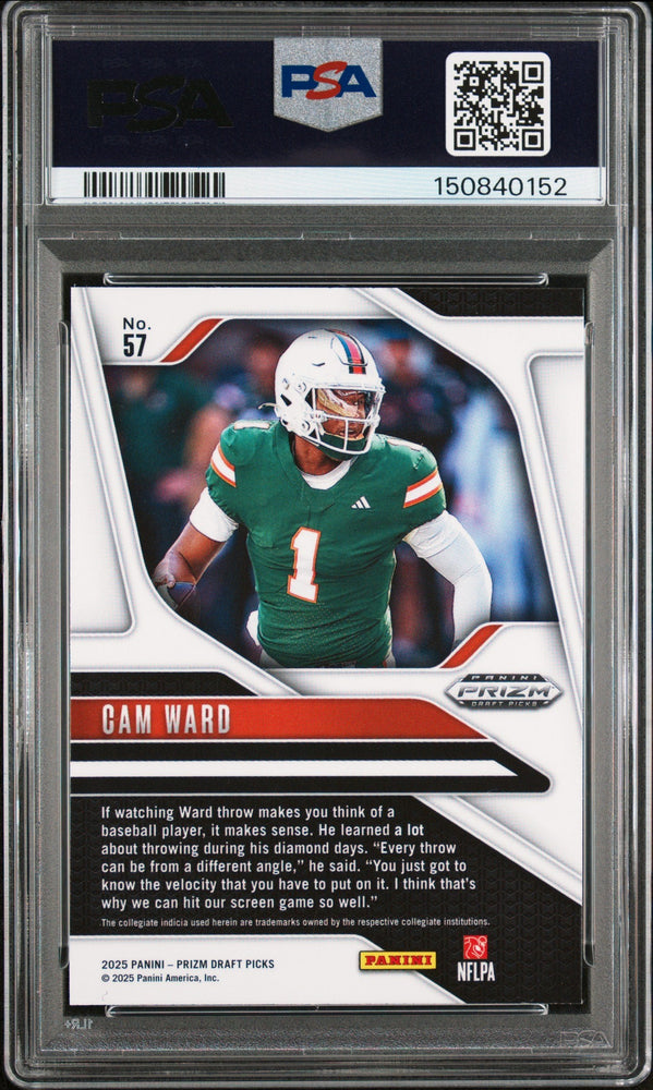 Graded 2025 Panini Prizm Draft Picks Cam Ward #57 Rookie RC Football Card PSA 8 Near Mint (ONLINE ORDER ONLY)