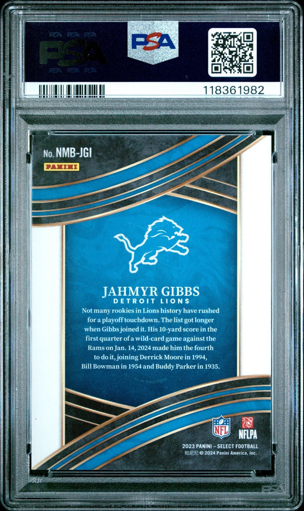 Graded 2023 Panini Select Jahmyr Gibbs #NMBJGI Numbers Rookie RC Football Card PSA 10 Gem Mint (ONLINE ORDER ONLY)