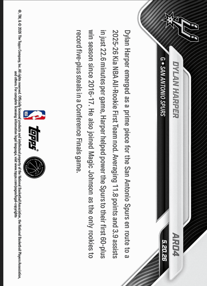 2025 Topps Now Dylan Harper #AR04 Orange Foil /25 2025-26 KIA NBA All Rookie First Team Selection San Antonio Spurs Rookie RC Basketball Card (ONLINE ORDER ONLY)
