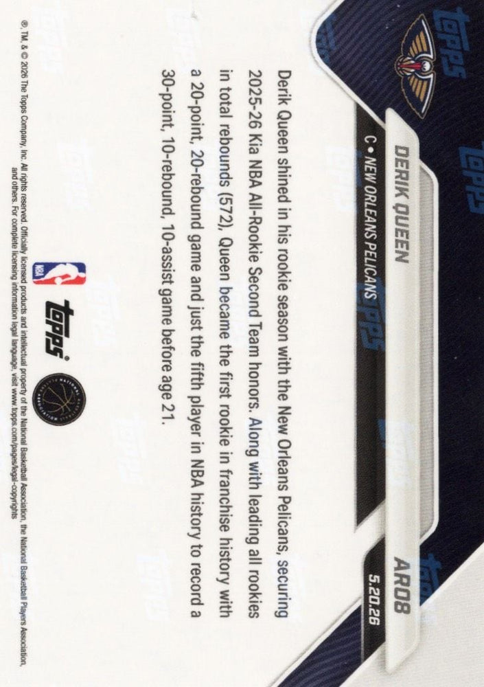2025 Topps Now Derik Queen #AR08 Orange Foil /25 2025-26 KIA NBA All Rookie Second Team Selection New Orleans Pelicans Rookie RC Basketball Card (ONLINE ORDER ONLY)