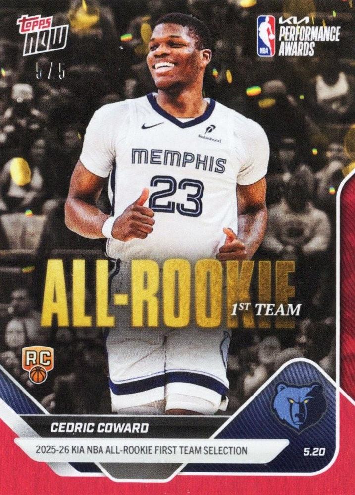 2025 Topps Now Cedric Coward #AR05 Red Foil /5 2025-26 KIA NBA All Rookie First Team Selection Memphis Grizzlies Rookie RC Basketball Card (ONLINE ORDER ONLY)