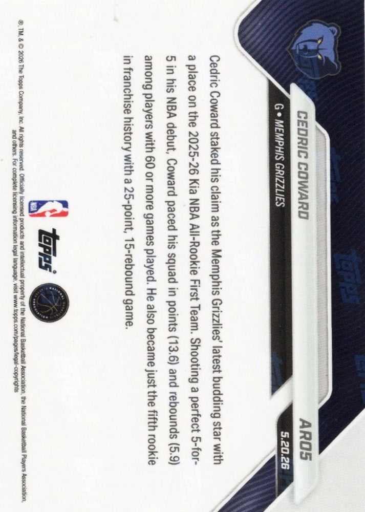 2025 Topps Now Cedric Coward #AR05 Gold Foil /50 2025-26 KIA NBA All Rookie First Team Selection Memphis Grizzlies Rookie RC Basketball Card (ONLINE ORDER ONLY)