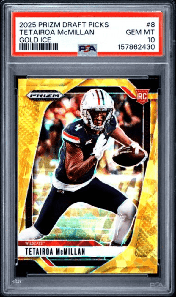 Graded 2025 Panini Prizm Draft Picks Tetairoa McMillan #8 Gold Ice Rookie RC Football Card PSA 10 Gem Mint (ONLINE ORDER ONLY)