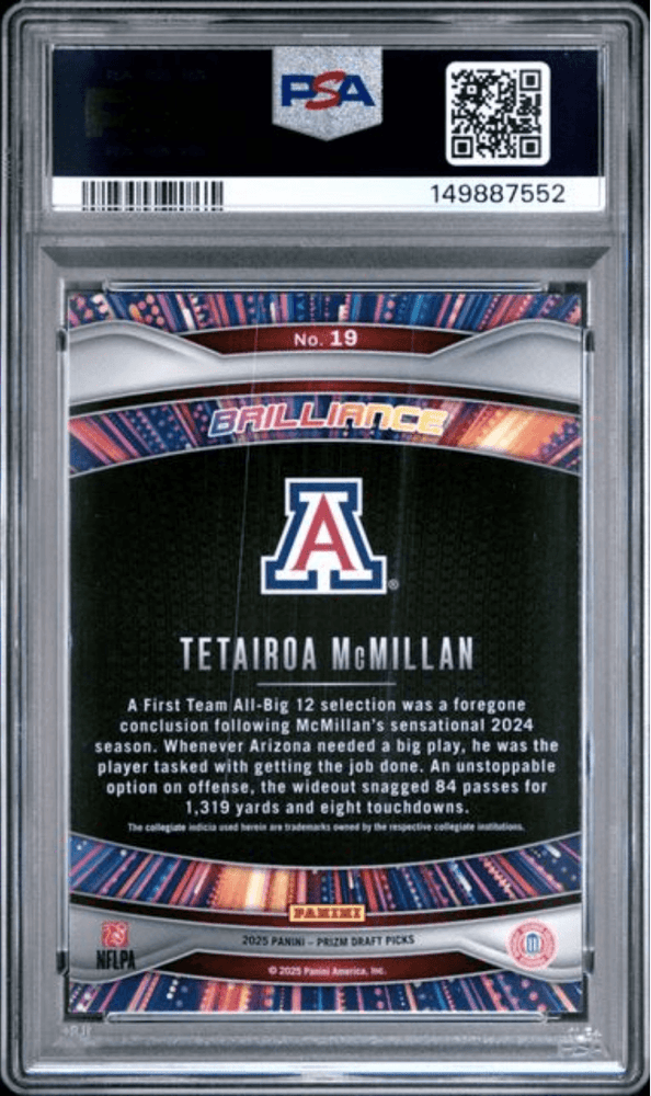 Graded 2025 Panini Prizm Draft Picks Tetairoa McMillan #19 Brilliance Rookie RC Football Card PSA 10 Gem Mint (ONLINE ORDER ONLY)