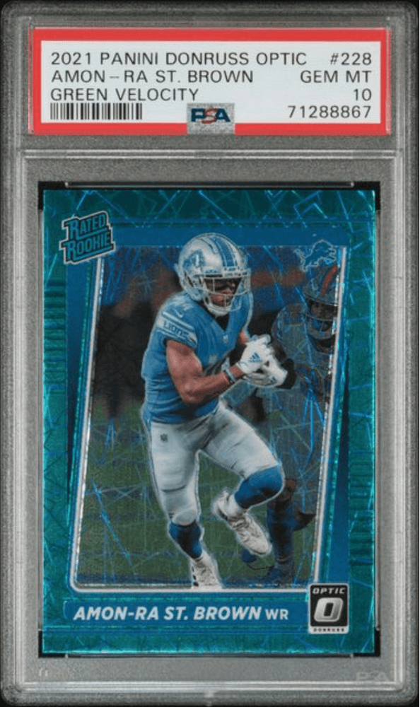 Graded 2021 Panini Donruss Optic Amon-Ra St. Brown #228 Green Velocity Rookie RC Football Card PSA 10 Gem Mint (ONLINE ORDER ONLY)