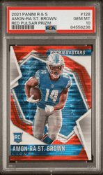 Graded 2021 Panini Rookies & Stars Amon-Ra St. Brown #128 Red Pulsar Prizm Rookie RC Football Card PSA 10 Gem Mint (ONLINE ORDER ONLY)