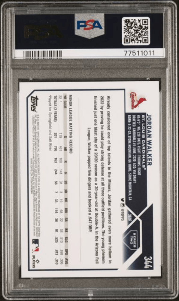 Graded 2023 Topps Jordan Walker #344 Rookie RC Baseball Card PSA 10 Gem Mint (ONLINE ORDER ONLY)