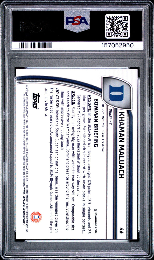 Graded 2024 Bowman University Chrome Khaman Maluach #46 Green Shimmer Refractor Rookie RC Basketball Card PSA 10 Gem Mint (ONLINE ORDER ONLY)