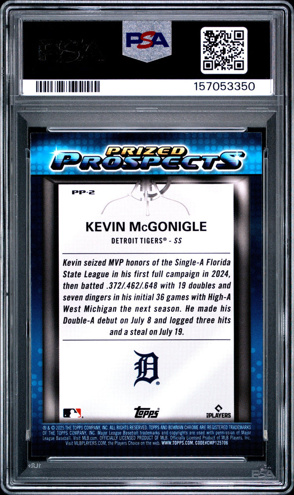 Graded 2025 Topps Bowman Draft Kevin McGonigle #PP2 Prized Prospects Rookie RC Baseball Card PSA 10 Gem Mint (ONLINE ORDER ONLY)