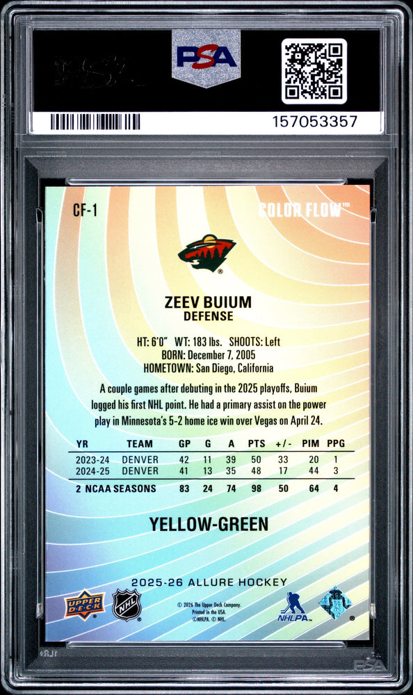 Graded 2025 Upper Deck Allure Zeev Buium #CF1 Color Flow Yellow-Green Rookie RC Hockey Card PSA 10 Gem Mint (ONLINE ORDER ONLY)