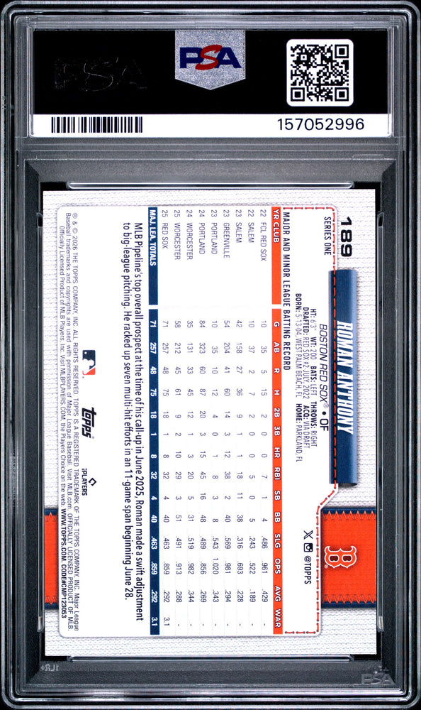 Graded 2026 Topps Roman Anthony #189 Rookie RC Baseball Card PSA 9 Mint (ONLINE ORDER ONLY)