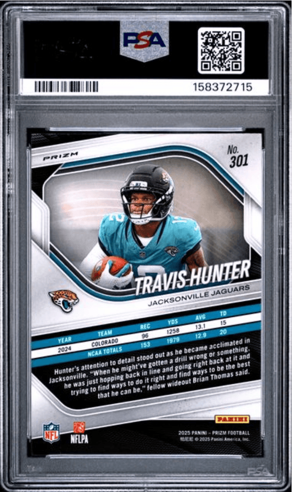 Graded 2025 Panini Prizm Travis Hunter #301 Lazer Prizm Rookie RC Football Card PSA 10 Gem Mint