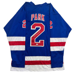 Autographed/Signed Brad Park New York Blue Hockey Jersey JSA COA (ONLINE ORDER ONLY)