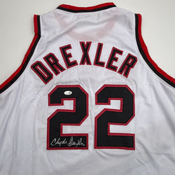 Autographed/Signed Clyde Drexler Portland White Basketball Jersey JSA COA (ONLINE ORDER ONLY)