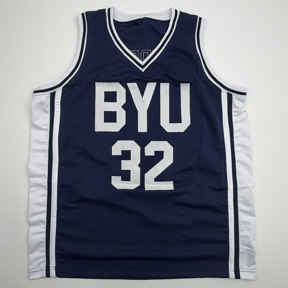 Autographed/Signed Jimmer Fredette BYU Blue College Basketball Jersey JSA COA (ONLINE ORDER ONLY)