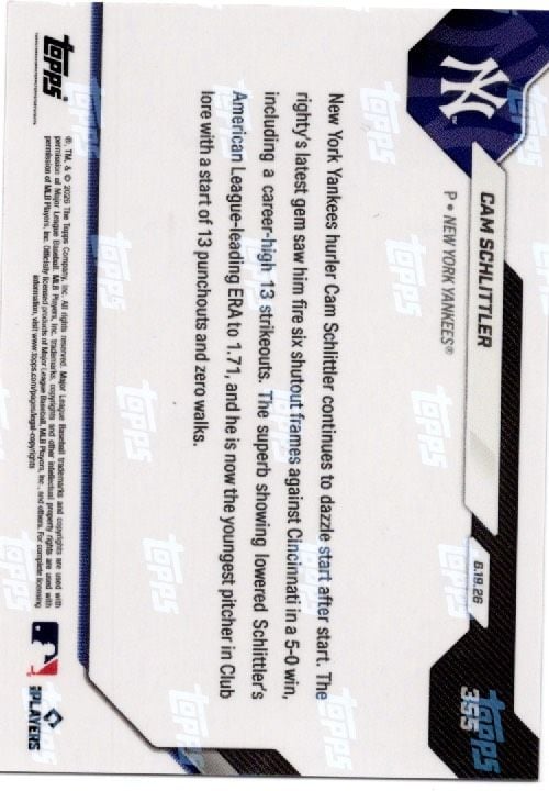 2026 Topps Now Cam Schlittler #355 Orange Foil /25 Career Best 13K Start Makes Yankees History New York Yankees Rookie RC Baseball Card (ONLINE ORDER ONLY)
