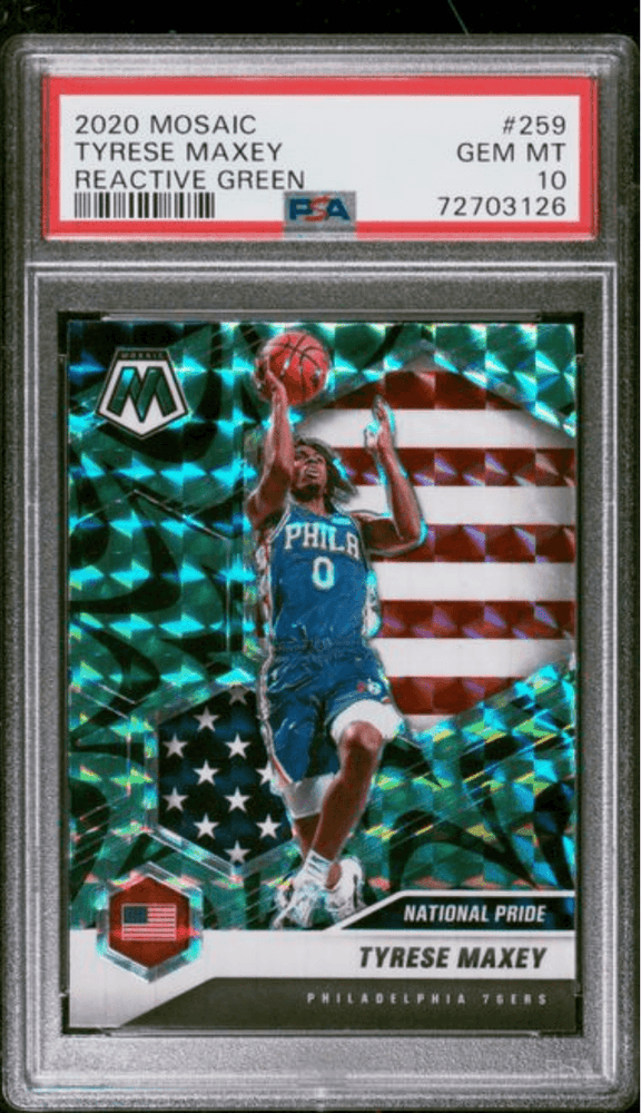 Graded 2020 Panini Mosaic Tyrese Maxey #259 Reactive Green Rookie RC Basketball Card PSA 10 Gem Mint (ONLINE ORDER ONLY)