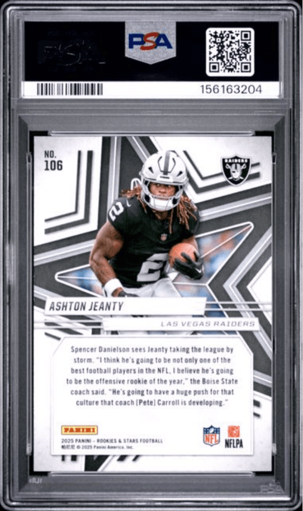 Graded 2025 Panini Rookies & Stars Ashton Jeanty #106 Purple /999 Rookie RC Football Card PSA 10 Gem Mint (ONLINE ORDER ONLY)