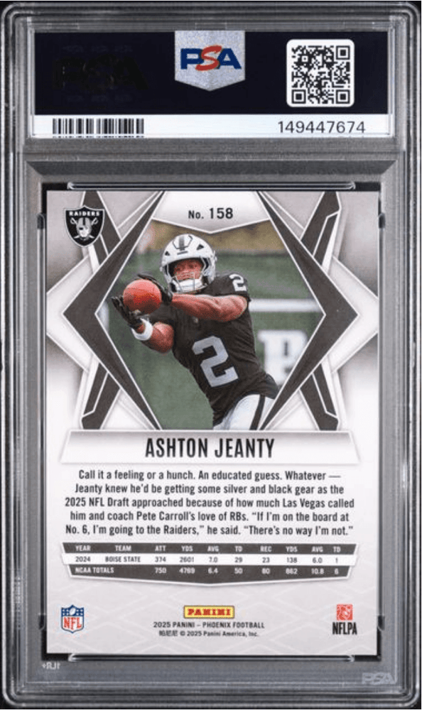 Graded 2025 Panini Phoenix Ashton Jeanty #158 Silver Lazer Rookie RC Football Card PSA 10 Gem Mint (ONLINE ORDER ONLY)