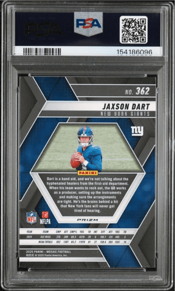 Graded 2025 Panini Mosaic Jaxson Dart #362 Reactive Yellow Rookie RC Football Card PSA 10 Gem Mint (ONLINE ORDER ONLY)
