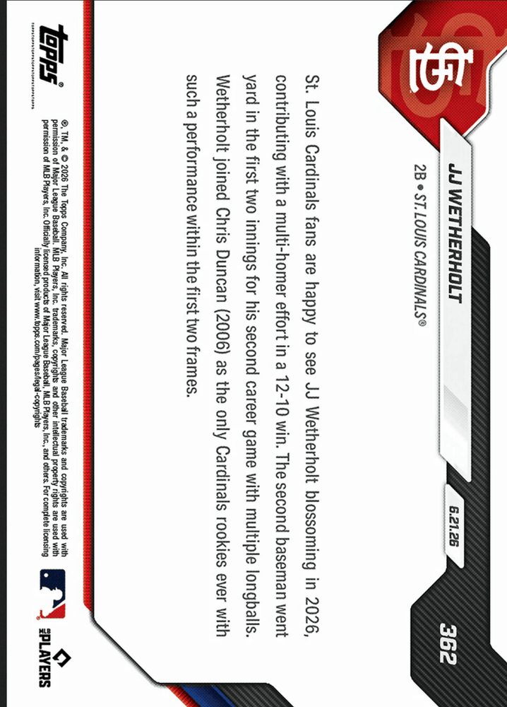 2026 Topps Now JJ Wetherholt #362 Black Foil /10 2nd Club Rookie with Home Runs in 1st Two Innings St Louis Cardinals Rookie RC Baseball Card (ONLINE ORDER ONLY)