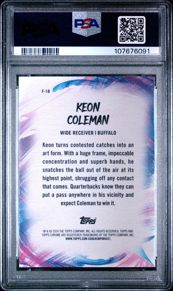 Graded 2024 Topps Chrome Keon Coleman #F18 Finesse Yellow Refractor /75 Rookie RC Football Card PSA 10 Gem Mint (ONLINE ORDER ONLY)