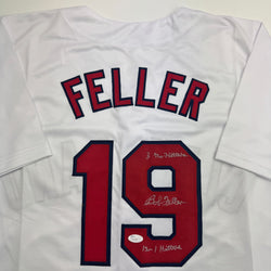 Autographed/Signed Bob Feller Cleveland White Baseball Jersey JSA COA (ONLINE ORDER ONLY)