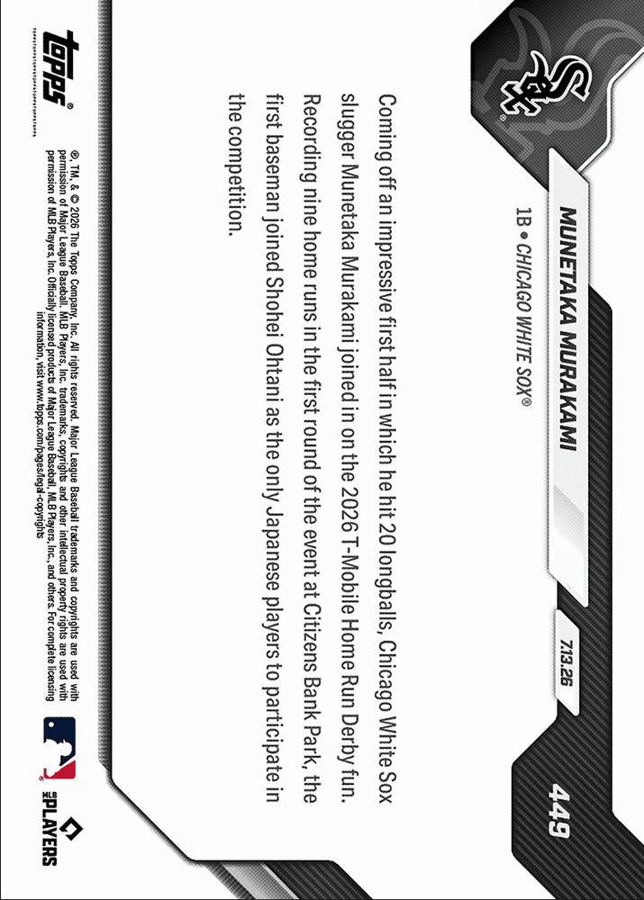 2026 Topps Now Munetaka Murakami #449 2nd Japan Native Ever in Home Run Derby Chicago White Sox Rookie RC Baseball Card