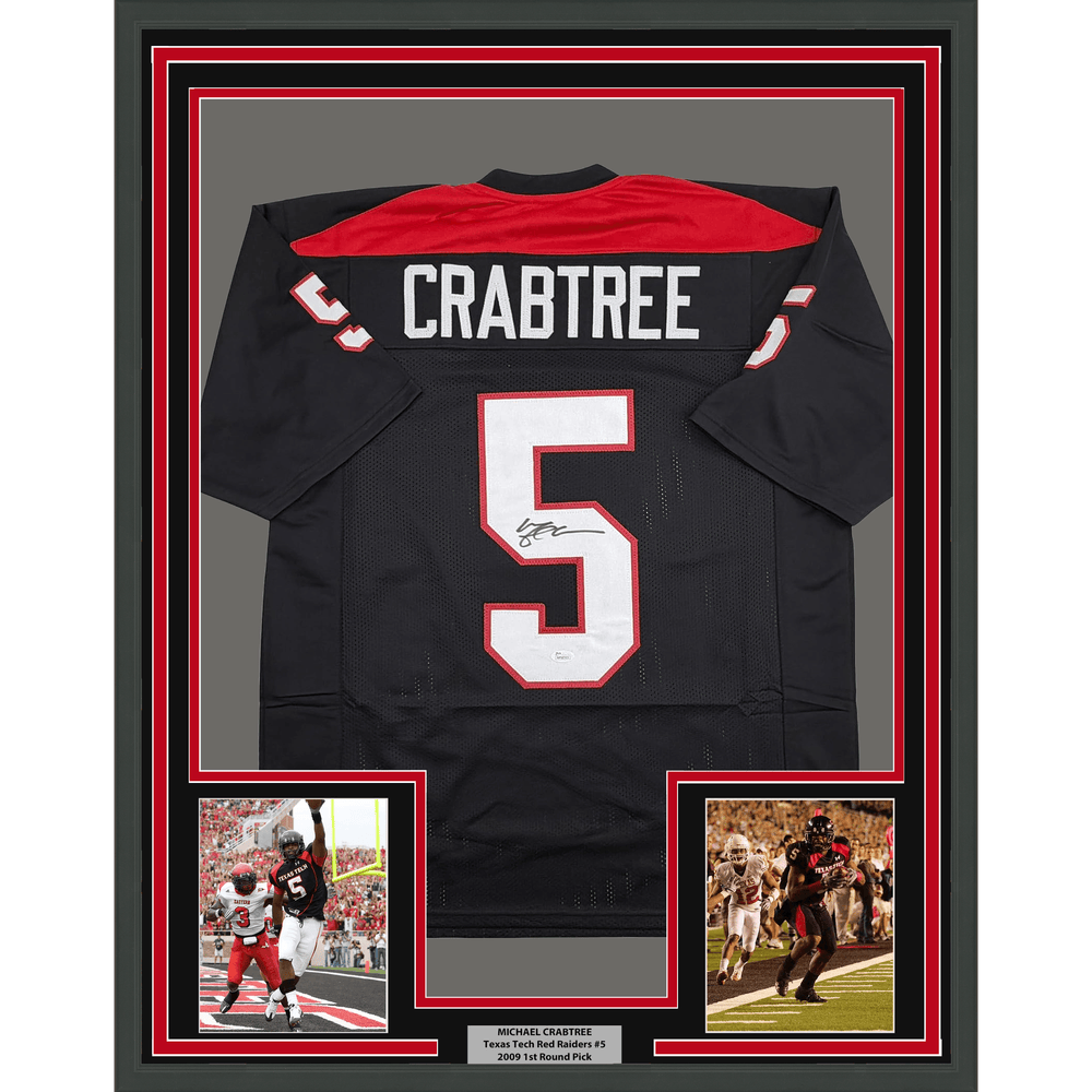 Framed Autographed/Signed Michael Crabtree 35x39 Texas Tech Black College Football Jersey JSA COA (ONLINE ORDER ONLY)