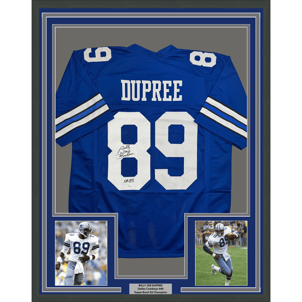 Framed Autographed/Signed Billy Joe DuPree 35x39 SB XII Dallas Blue Football Jersey JSA COA (ONLINE ORDER ONLY)