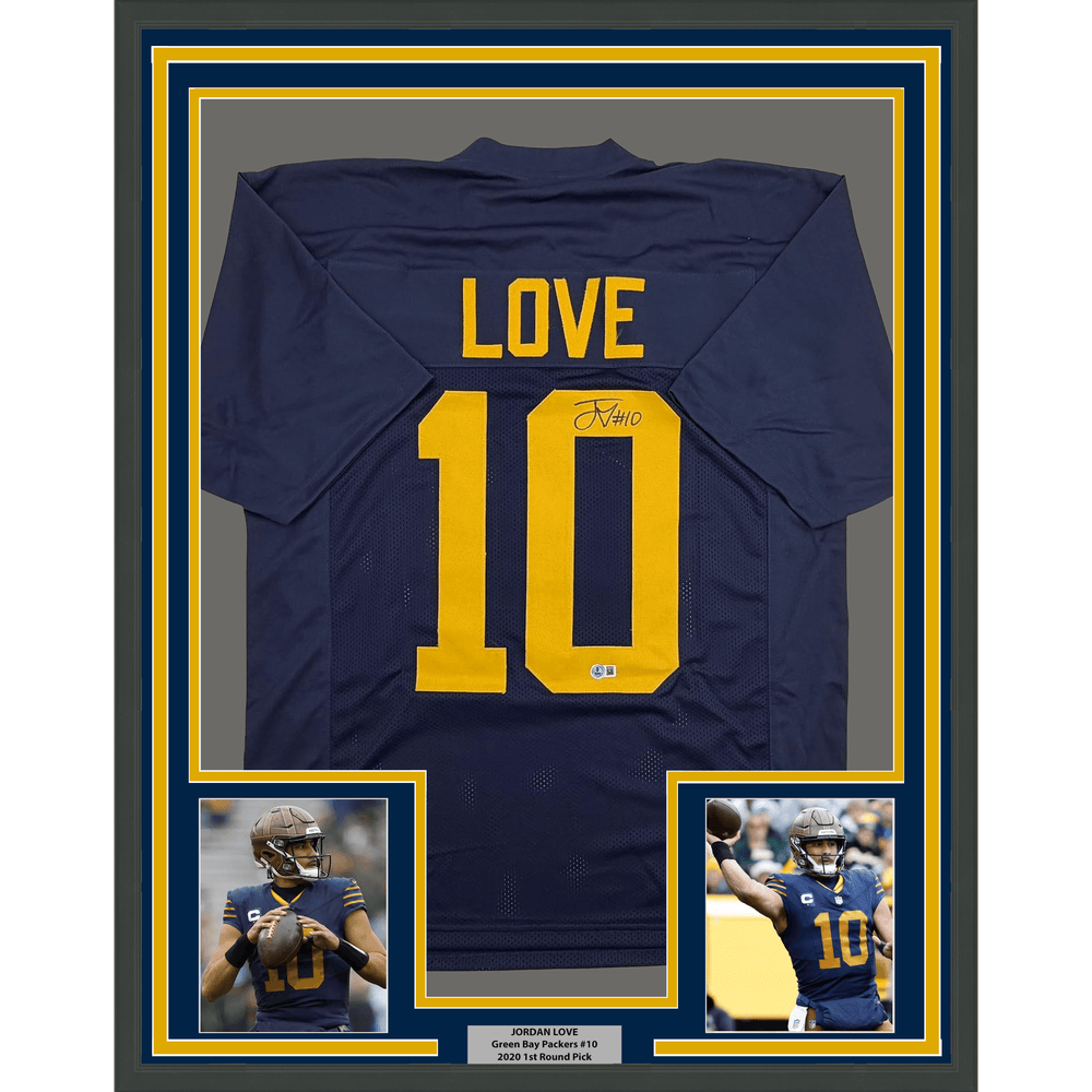 Framed Autographed/Signed Jordan Love 35x39 Green Bay Blue Retro Football Jersey Beckett BAS COA (ONLINE ORDER ONLY)