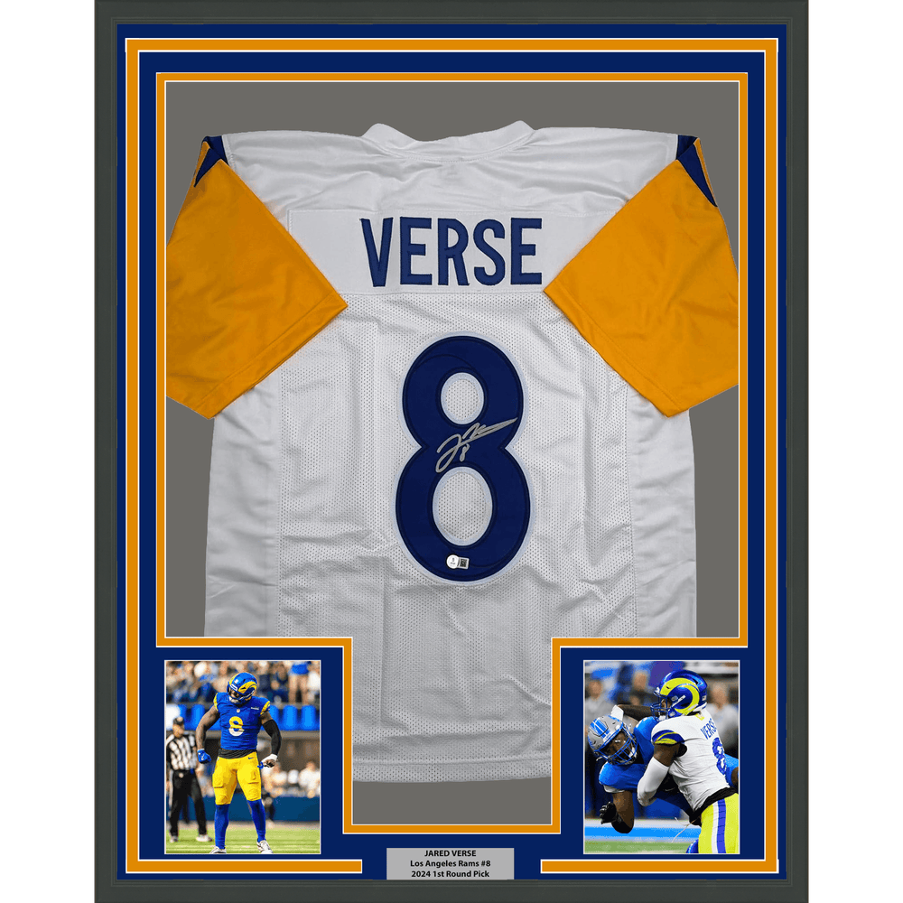 Framed Autographed/Signed Jared Verse 35x39 Los Angeles LA White Football Jersey Beckett BAS COA (ONLINE ORDER ONLY)
