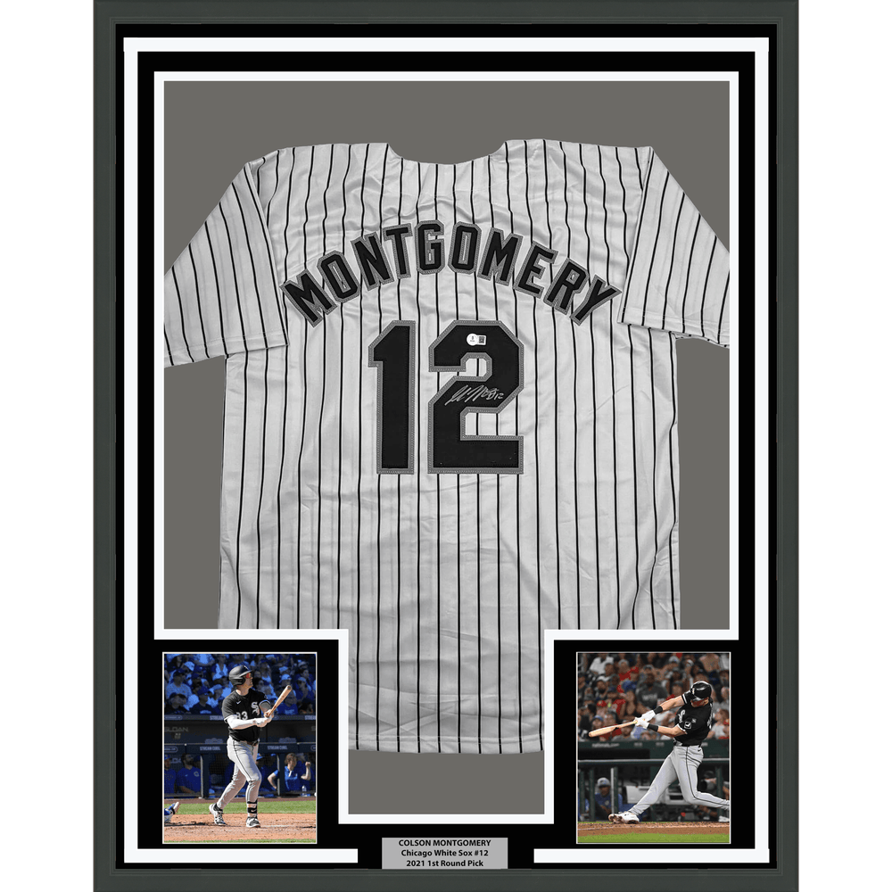 Framed Autographed/Signed Colson Montgomery 35x39 Chicago Pinstripe Baseball Jersey Beckett BAS COA (ONLINE ORDER ONLY)