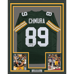 Framed Autographed/Signed Mark Chmura 35x39 Green Bay Green Football Jersey JSA COA (ONLINE ORDER ONLY)