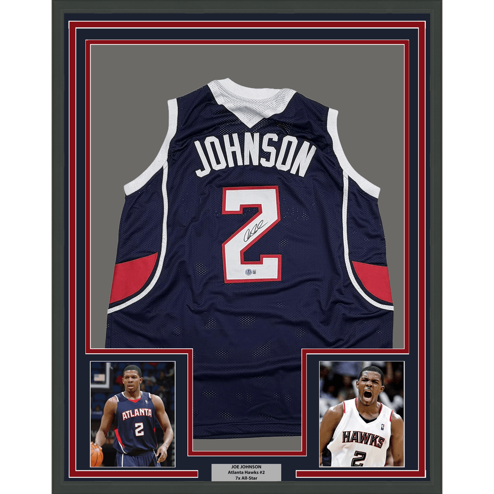 Framed Autographed/Signed Joe Johnson 35x39 Atlanta Blue Basketball Jersey Beckett BAS COA (ONLINE ORDER ONLY)