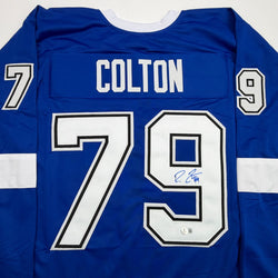 Autographed/Signed Ross Colton Tampa Bay Blue Hockey Jersey Beckett BAS COA (ONLINE ORDER ONLY)