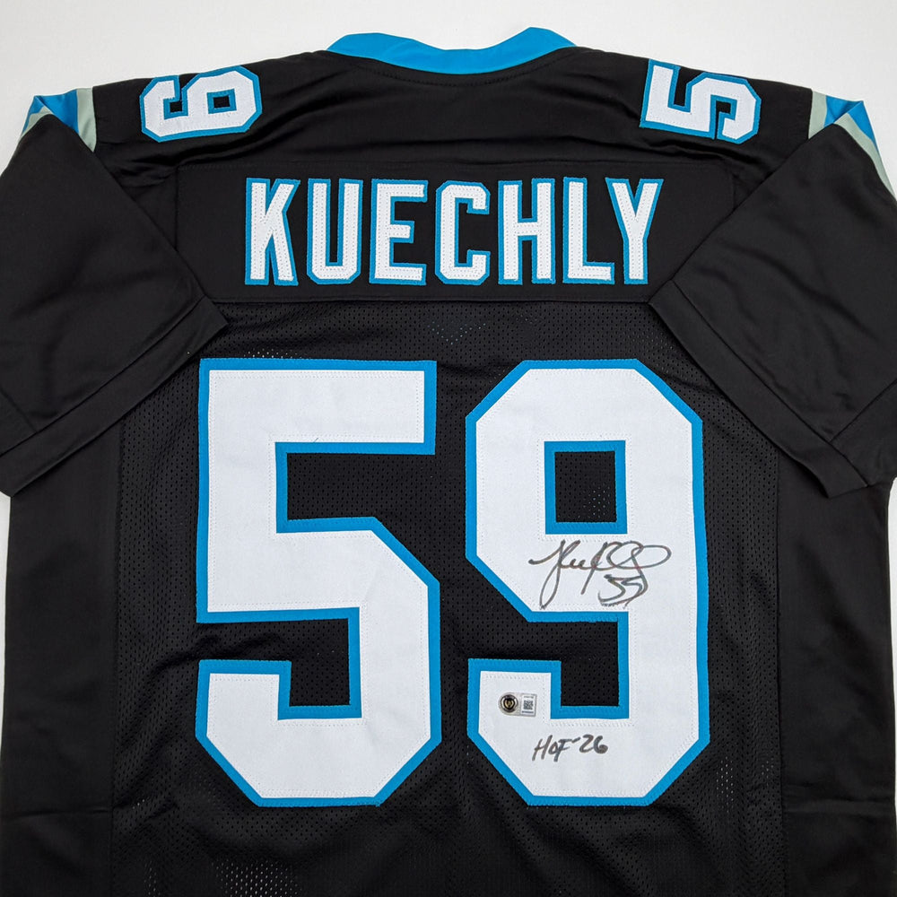 Autographed/Signed Luke Kuechly HOF 26 Carolina Black Football Jersey Beckett BAS COA