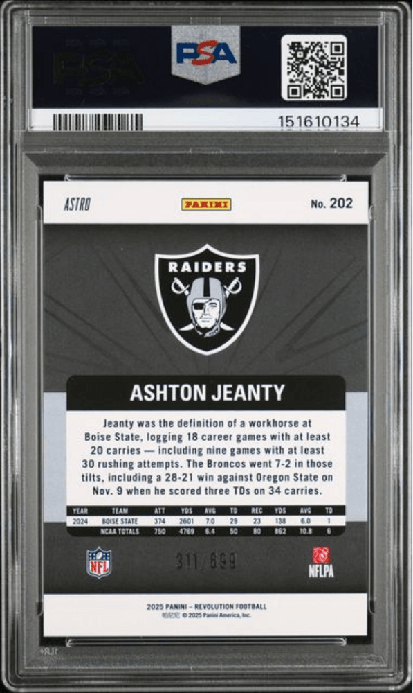 Graded 2025 Panini Revolution Ashton Jeanty #202 Green Astro /699 Rookie RC Football Card PSA 10 Gem Mint (ONLINE ORDER ONLY)