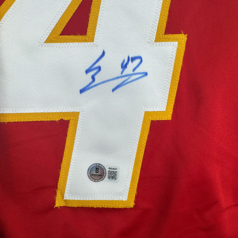 Autographed/Signed Connor Zary Calgary Red Hockey Jersey Beckett BAS COA (ONLINE ORDER ONLY)