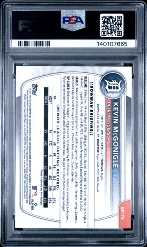 Graded 2025 Topps Bowman Kevin McGonigle #BP79 Paper Prospects Rookie RC Baseball Card PSA 9 Mint