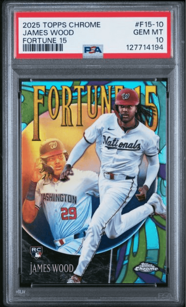 Graded 2025 Topps Chrome James Wood #F15-10 Fortune 15 Rookie RC Baseball Card PSA 10 Gem Mint